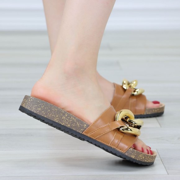 Tan Flat Slip On Sliders Sandal Trendy Comfort Lightweight Gold Hardware - Picture 4 of 12